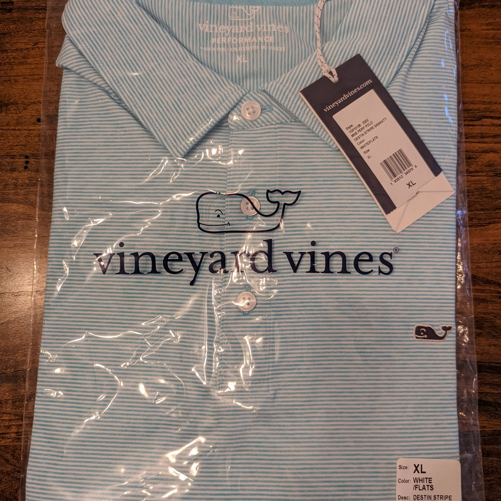 Vineyard Vines Men's White and Blue Striped Polo